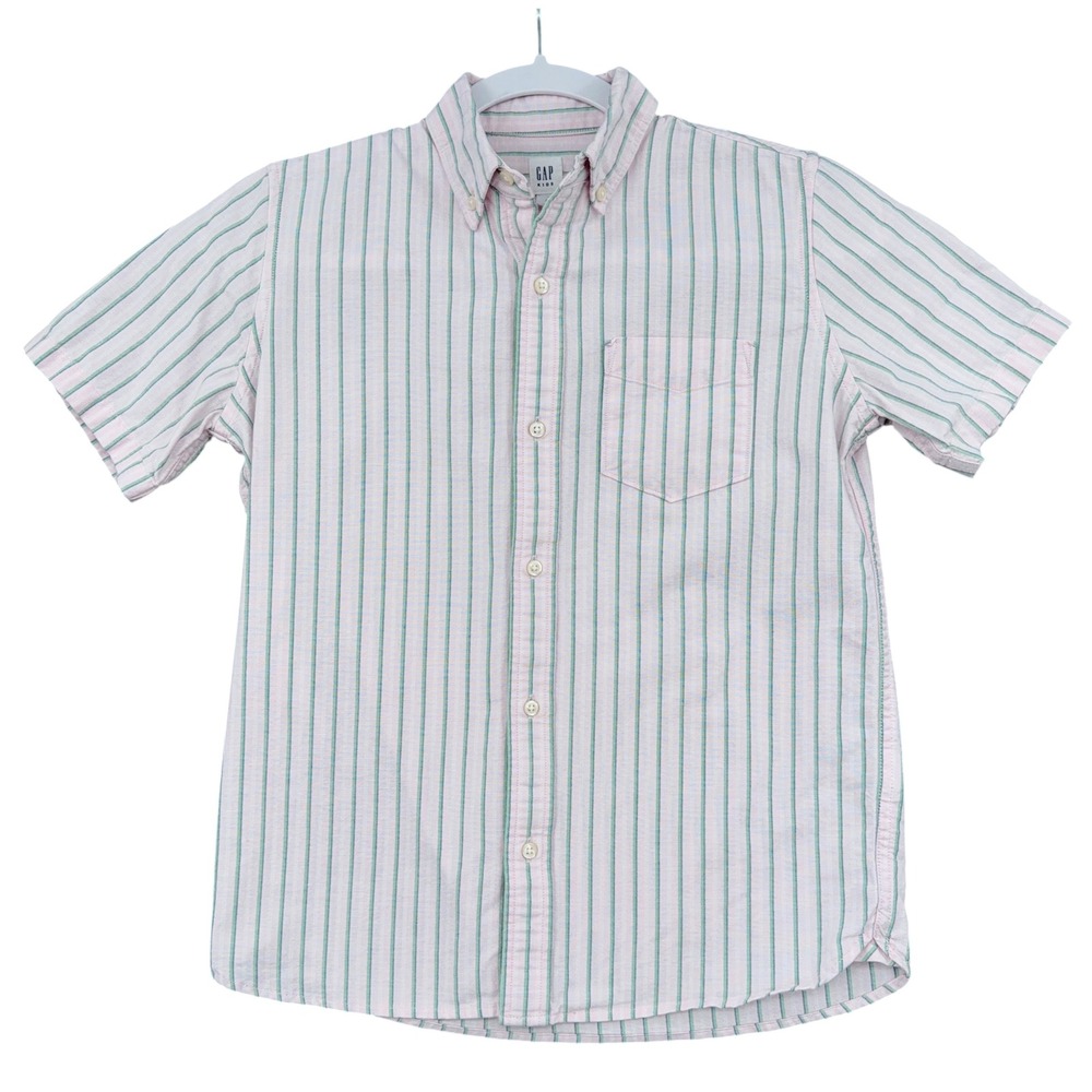 Gap Kids Button Down Shirt Boys L 10 100% Cotton Pink Green Striped Short Sleeve